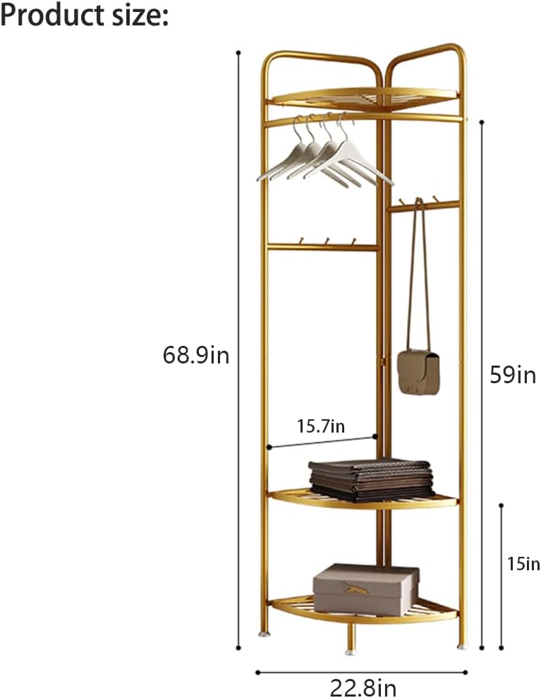 corner coat rack,corner hall tree with 6 hooks and storage shelf,gold clothing rack,Freestanding garment rack,metal corner clothes rack for Hallway, Entryway, Bedroom
