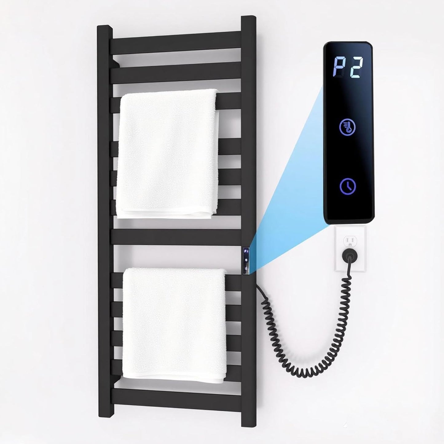 Towel Warmers for Bathroom,Space Aluminum Tower Warmer Rack,6 Bars Wall Mounted Towel Heater,Electric Heated Towel Rack for Bathroom with Built-in Timer, Plug-in,Matte Black