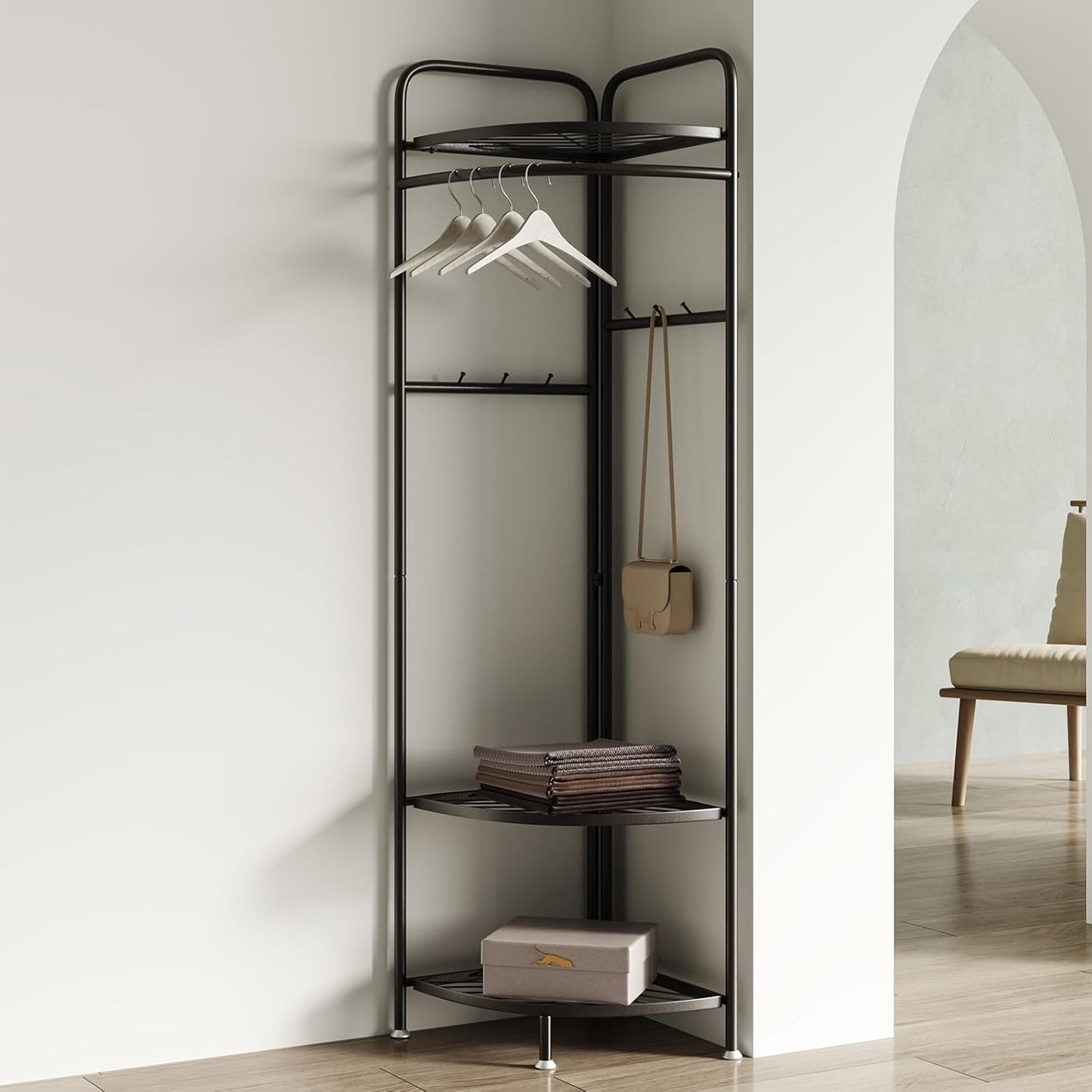 corner coat rack,corner hall tree with 6 hooks and storage shelf,gold clothing rack,Freestanding garment rack,metal corner clothes rack for Hallway, Entryway, Bedroom