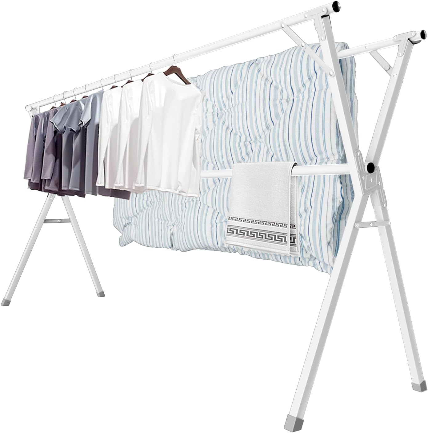 JAUREE 79 Inches Clothes Drying Rack, Drying Rack Clothing Folding Indoor Outdoor, Heavy Duty Stainless Steel Laundry Rack, Foldable Portable Large Clothes Rack Garment Rack with 20 Windproof Hooks