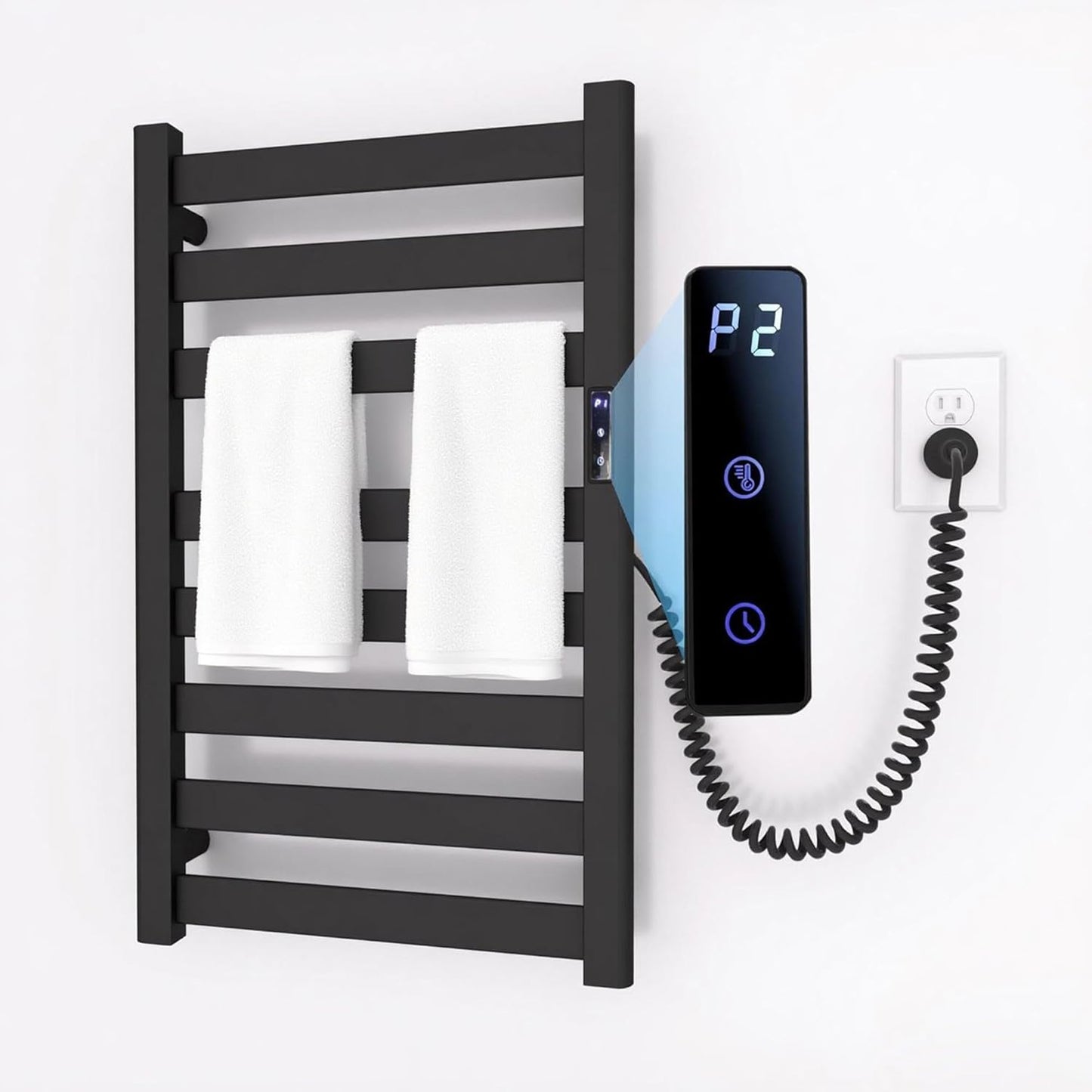 Towel Warmers for Bathroom,Space Aluminum Tower Warmer Rack,6 Bars Wall Mounted Towel Heater,Electric Heated Towel Rack for Bathroom with Built-in Timer, Plug-in,Matte Black