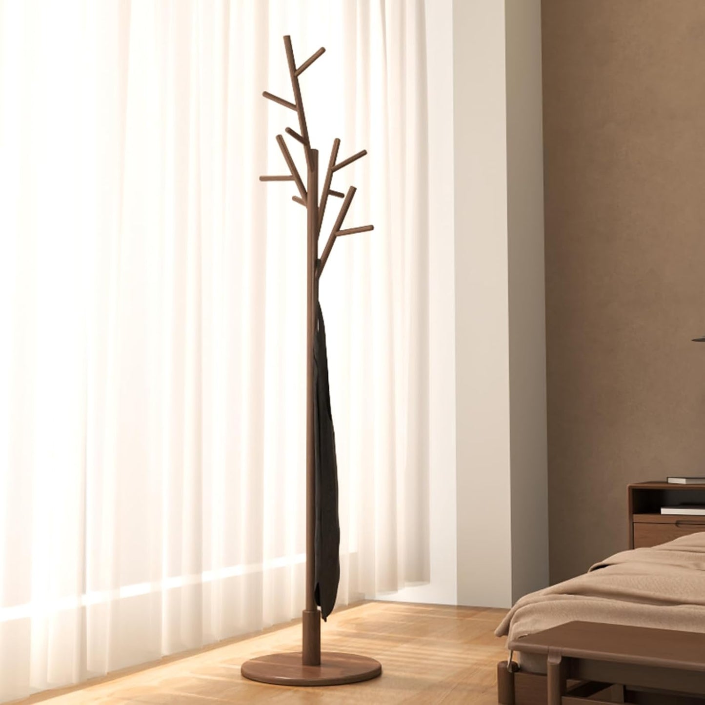 Coat Rack,Solid Wood Coat Rack Freestanding with 12 Hooks,Coat tree freestanding 3 Adjustable Heights for coat, Hats, Handbags,Coat Stand for Entryway,Bedroom (Walnut)