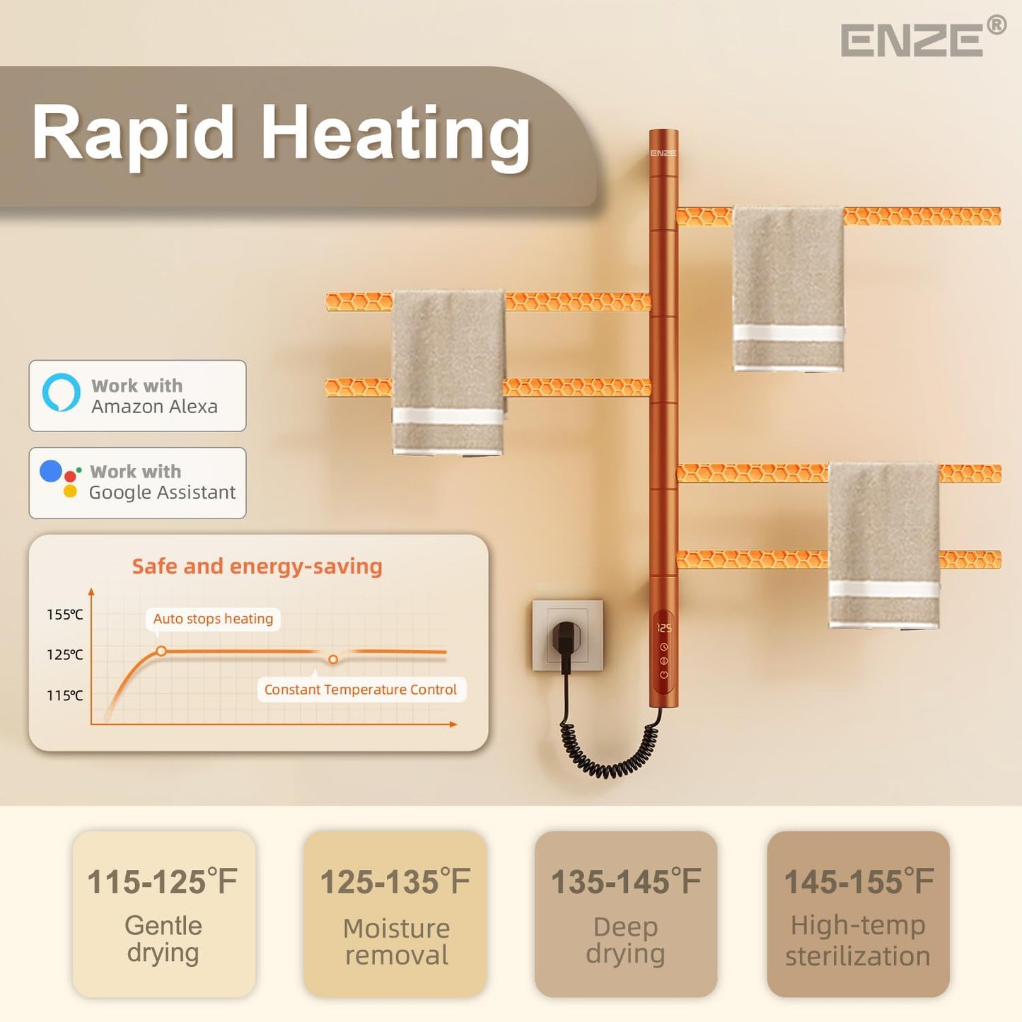 ENZE Smart Rotating Heated Towel Rack for Bathroom, 5-Bar Wall-Mounted Electric Towel Warmer with Swivel Bars, Wi-Fi App Control, 24H Timer, Stainless Steel, IPX5, Hardwired/Plug-in, Gray