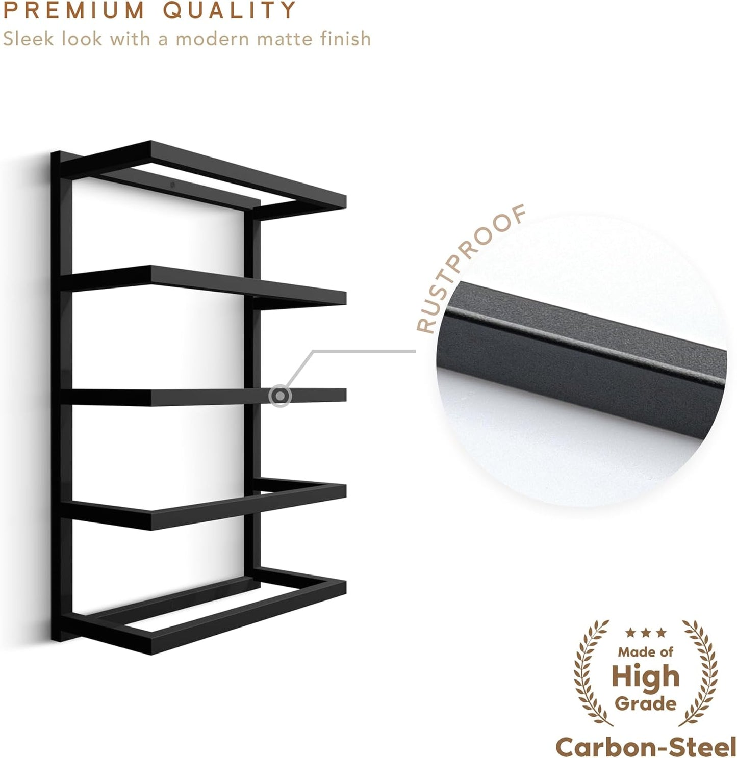 Modern 5-Tier/6-Tier Towel Rack - Wall-Mounted Black Metal Towel Shelf for Bathroom, Space-Saving Storage for Towels, Organizers, and Home Decor (5-Tier)