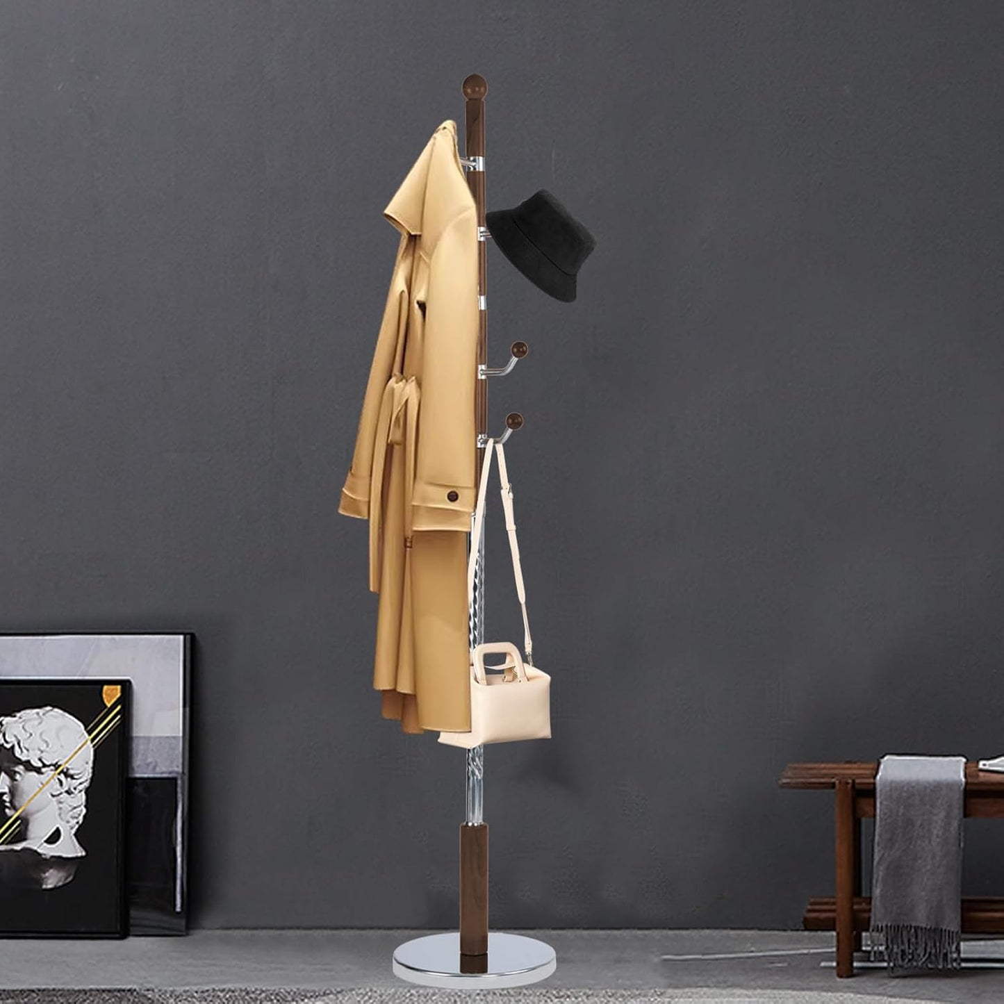 Coat Racks Free Standing with 14 Hooks, Natural Wood Coat Rack with Solid Round Base, Adjustable Height Coat Racks, Easy Assembly for Hallway, Bedroom and Office (Reddish brown)