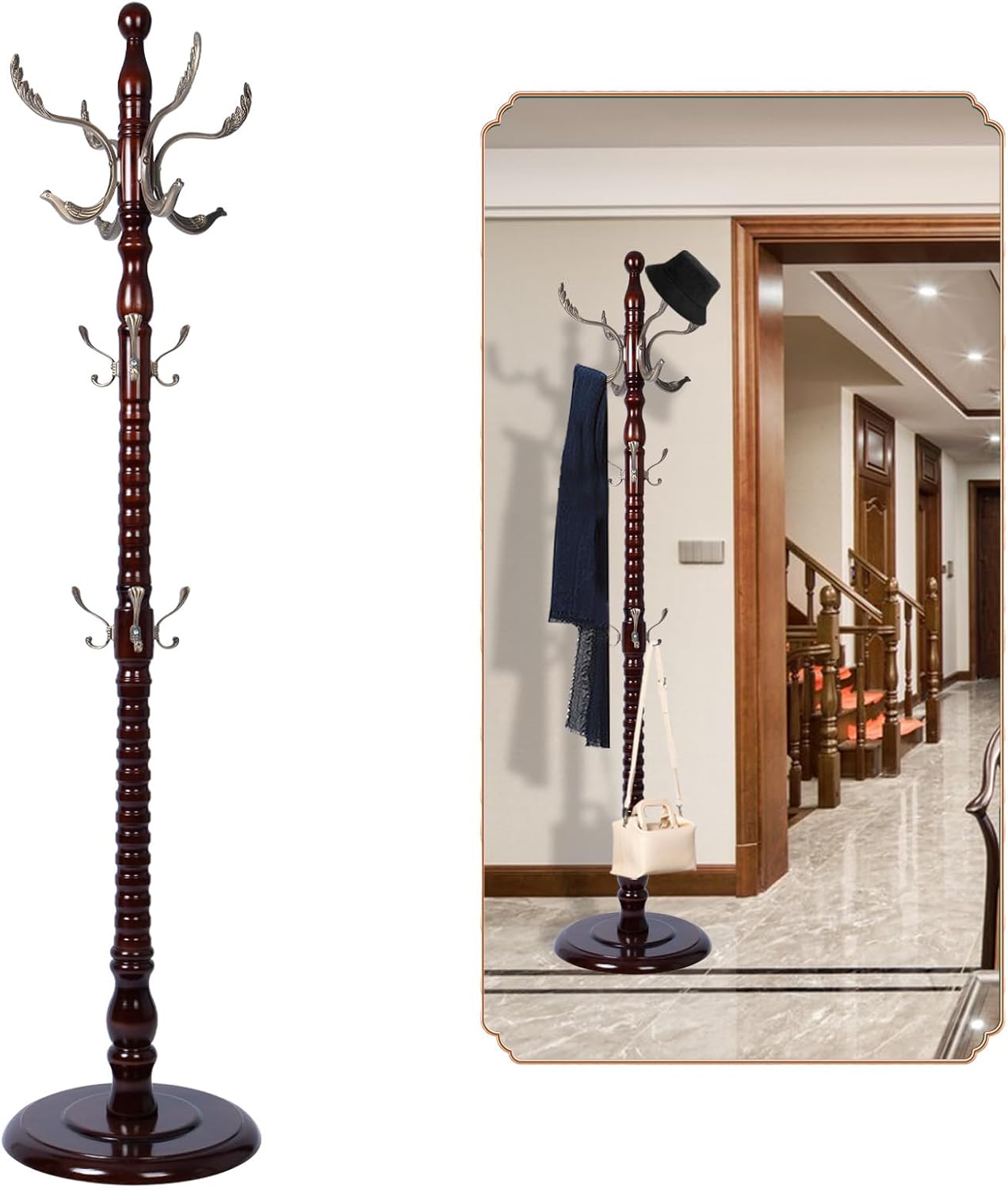 Coat Rack Freestanding, Wooden Tree Coat Rack Stand with 2 Adjustable Sizes Coat Tree and 11 Hooks, Sturdy Hall Tree with Tri-Legged Base for Entryway, Hallway, Bedroom (Walnut-Tri-Legged Base)