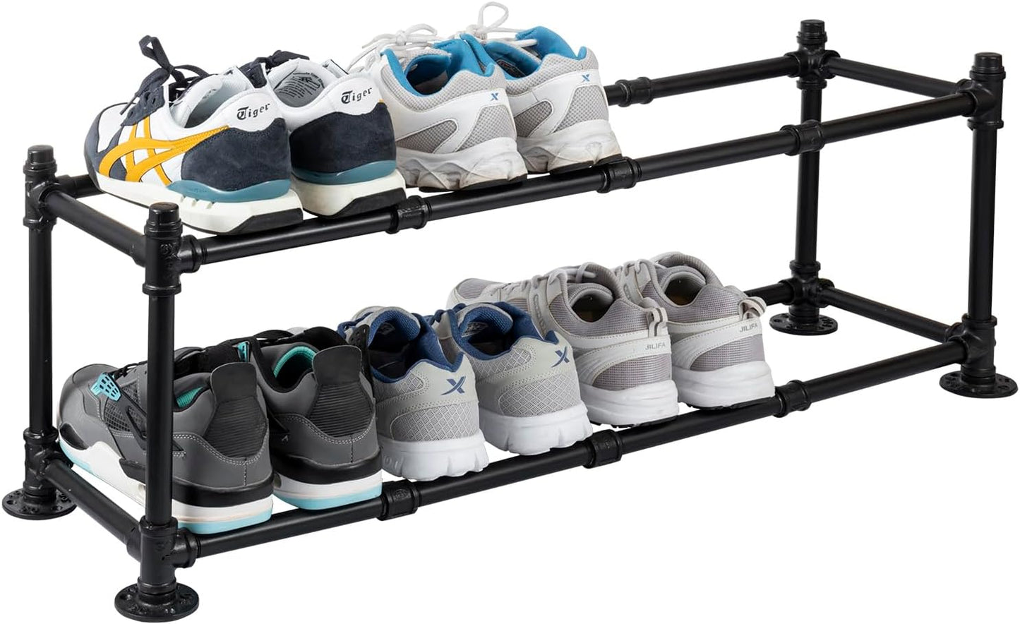 MyGift Set of 4 Industrial Matte Black Metal Pipe Hanging Shoe and Boot Rack Organizer Shelf, Wall Mounted Space Saving Footwear Storage Shelves for Closet, Mudroom, Entryway, Holds 12 Pairs