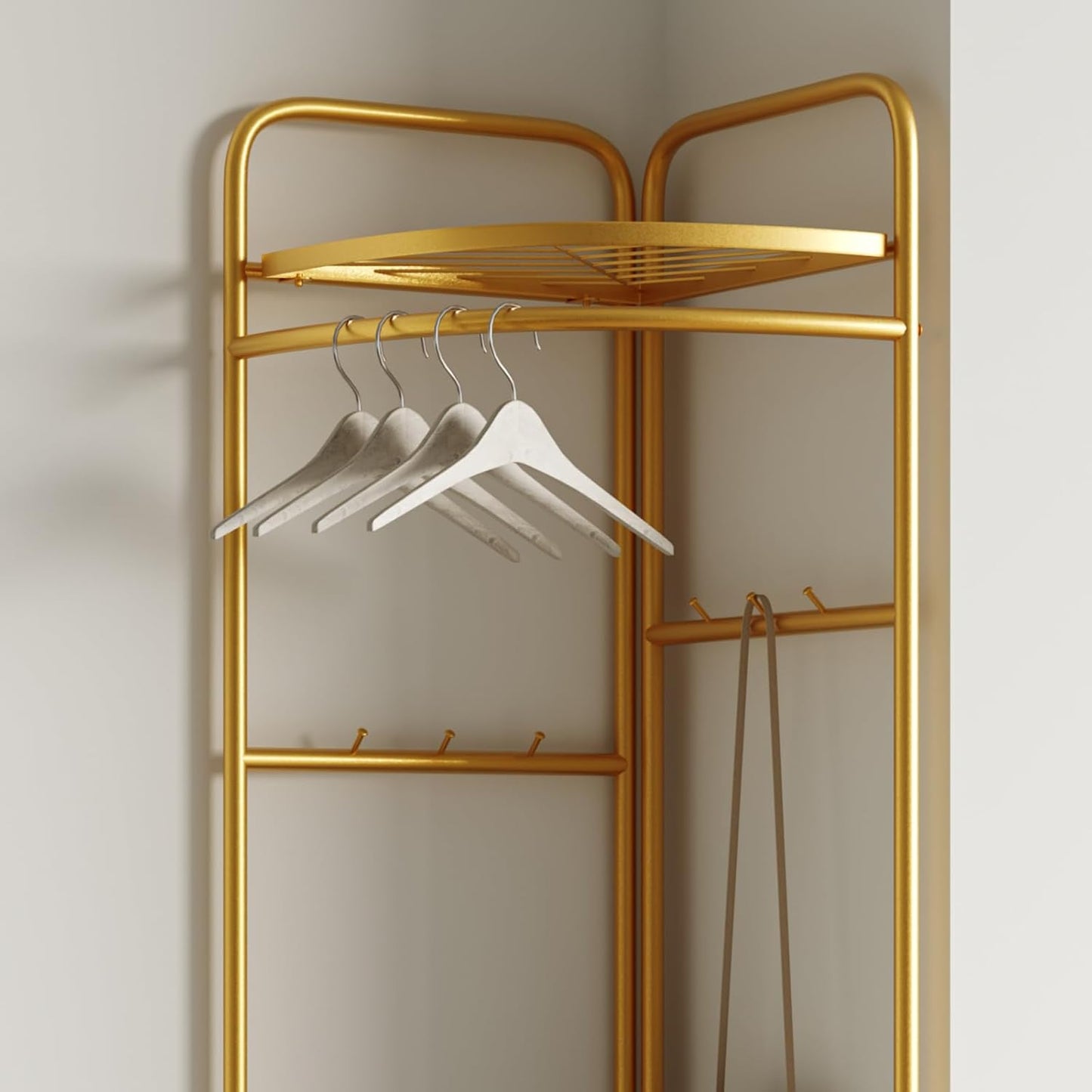 corner coat rack,corner hall tree with 6 hooks and storage shelf,gold clothing rack,Freestanding garment rack,metal corner clothes rack for Hallway, Entryway, Bedroom
