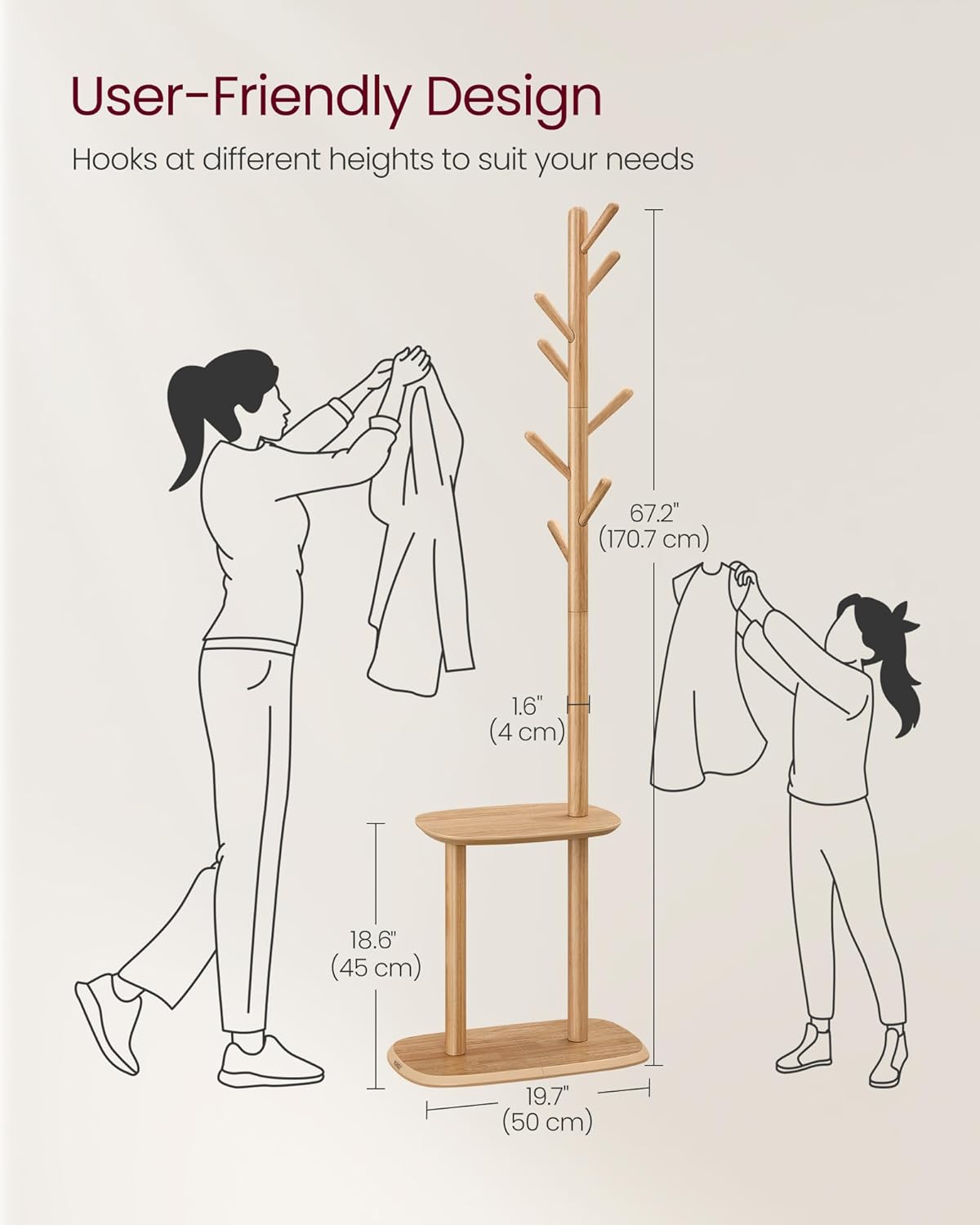 VASAGLE Coat Rack, Free Standing Coat Stand, Hall Coat Tree with 8 Hooks and Storage Shelf, 67.2 Inch Tall, for Coats, Hats, Bags, for Entryway, Hallway, Bedroom, Natural Beige URCR040N02