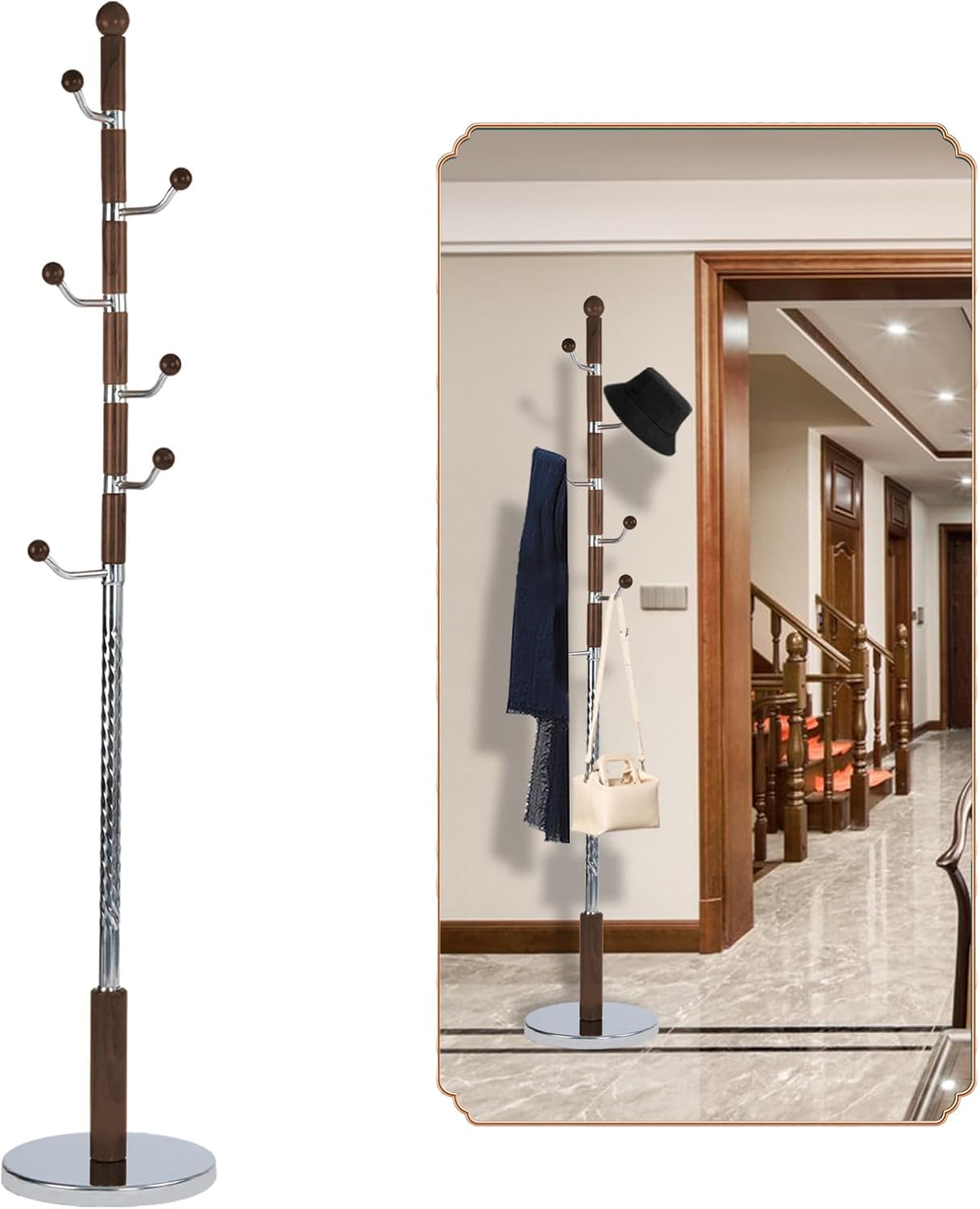 Coat Rack Freestanding, Wooden Tree Coat Rack Stand with 2 Adjustable Sizes Coat Tree and 11 Hooks, Sturdy Hall Tree with Tri-Legged Base for Entryway, Hallway, Bedroom (Walnut-Tri-Legged Base)