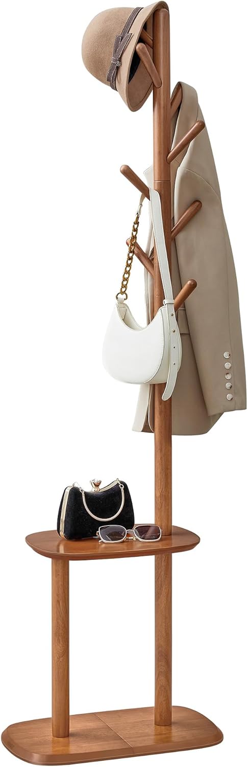 VASAGLE Coat Rack, Free Standing Coat Stand, Hall Coat Tree with 8 Hooks and Storage Shelf, 67.2 Inch Tall, for Coats, Hats, Bags, for Entryway, Hallway, Bedroom, Natural Beige URCR040N02