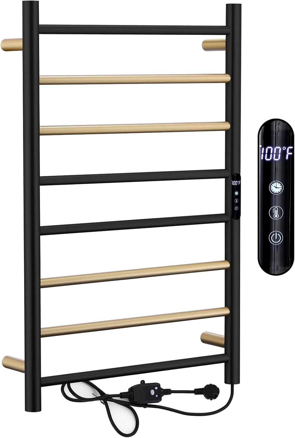 Towel Warmer Black and Brushed Gold 105 W Electric Heated Towel Rack Stainless Steel 8 Bar Towel Heater with Intelligent Touch Screen Timer, Wall Mounted, Plug-in