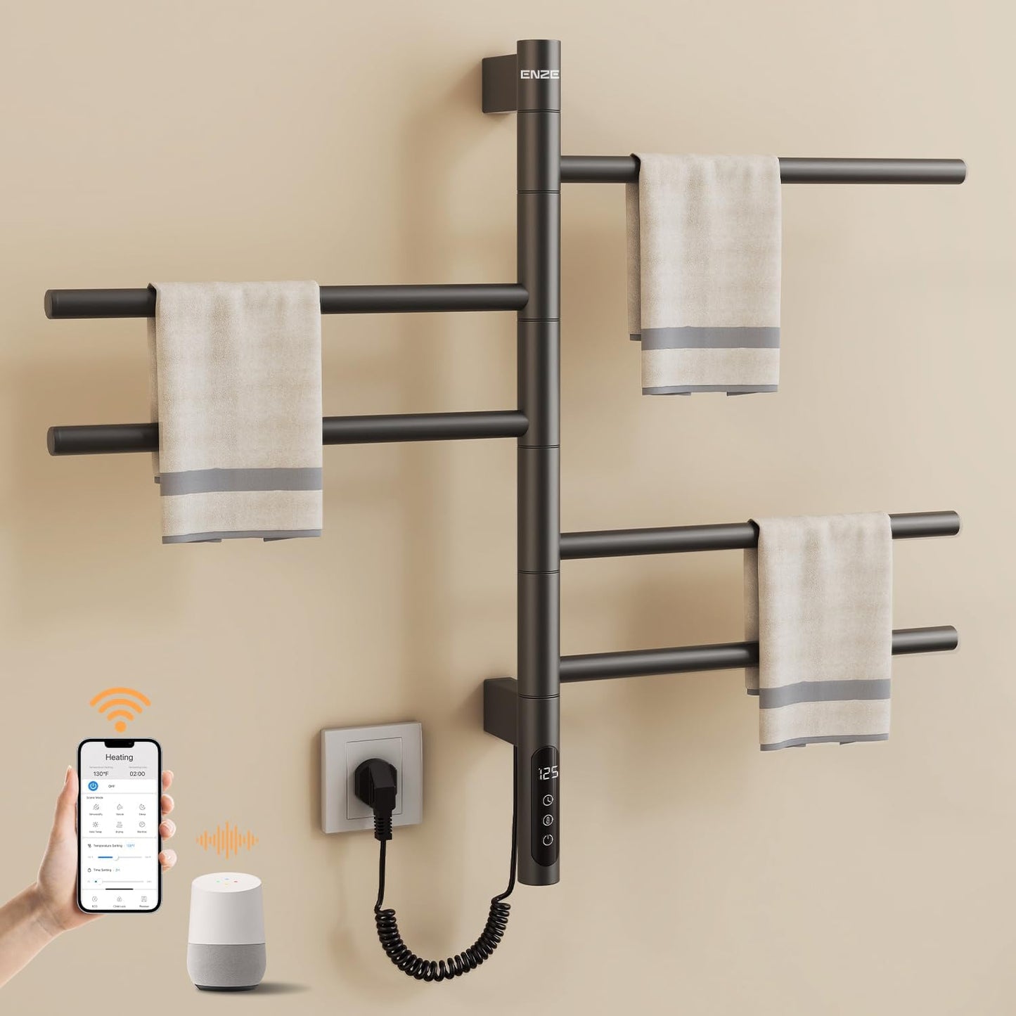 ENZE Smart Rotating Heated Towel Rack for Bathroom, 5-Bar Wall-Mounted Electric Towel Warmer with Swivel Bars, Wi-Fi App Control, 24H Timer, Stainless Steel, IPX5, Hardwired/Plug-in, Gray