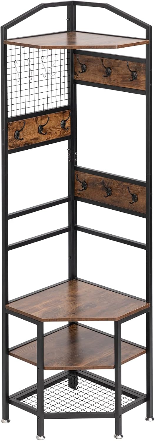 DOEWORKS 4-Tier Corner Industrial Hall Tree, Freestanding Entryway Coat Storage Rack with Hooks and Wooden Storage Shelves, Black