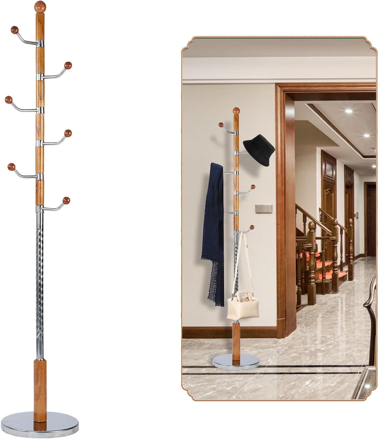 Coat Rack Freestanding, Wooden Tree Coat Rack Stand with 2 Adjustable Sizes Coat Tree and 11 Hooks, Sturdy Hall Tree with Tri-Legged Base for Entryway, Hallway, Bedroom (Walnut-Tri-Legged Base)