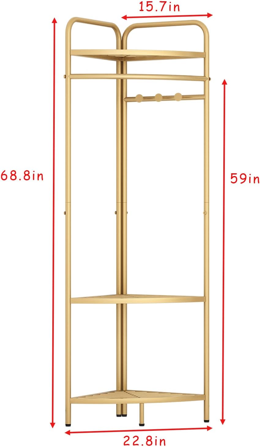 Corner Gold Clothing Racks Freestanding, Gold Metal Coat Racks with Hooks, Heavy Duty Modern Clothes Rack with 3 Tier Storage Shelves for Home,Bedroom,Living Room