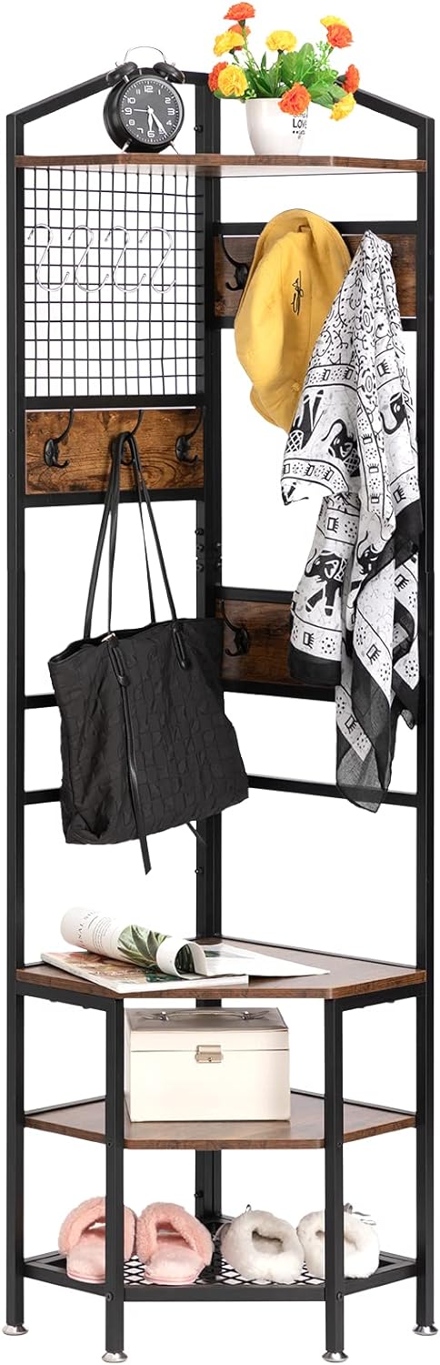 DOEWORKS 4-Tier Corner Industrial Hall Tree, Freestanding Entryway Coat Storage Rack with Hooks and Wooden Storage Shelves, Black