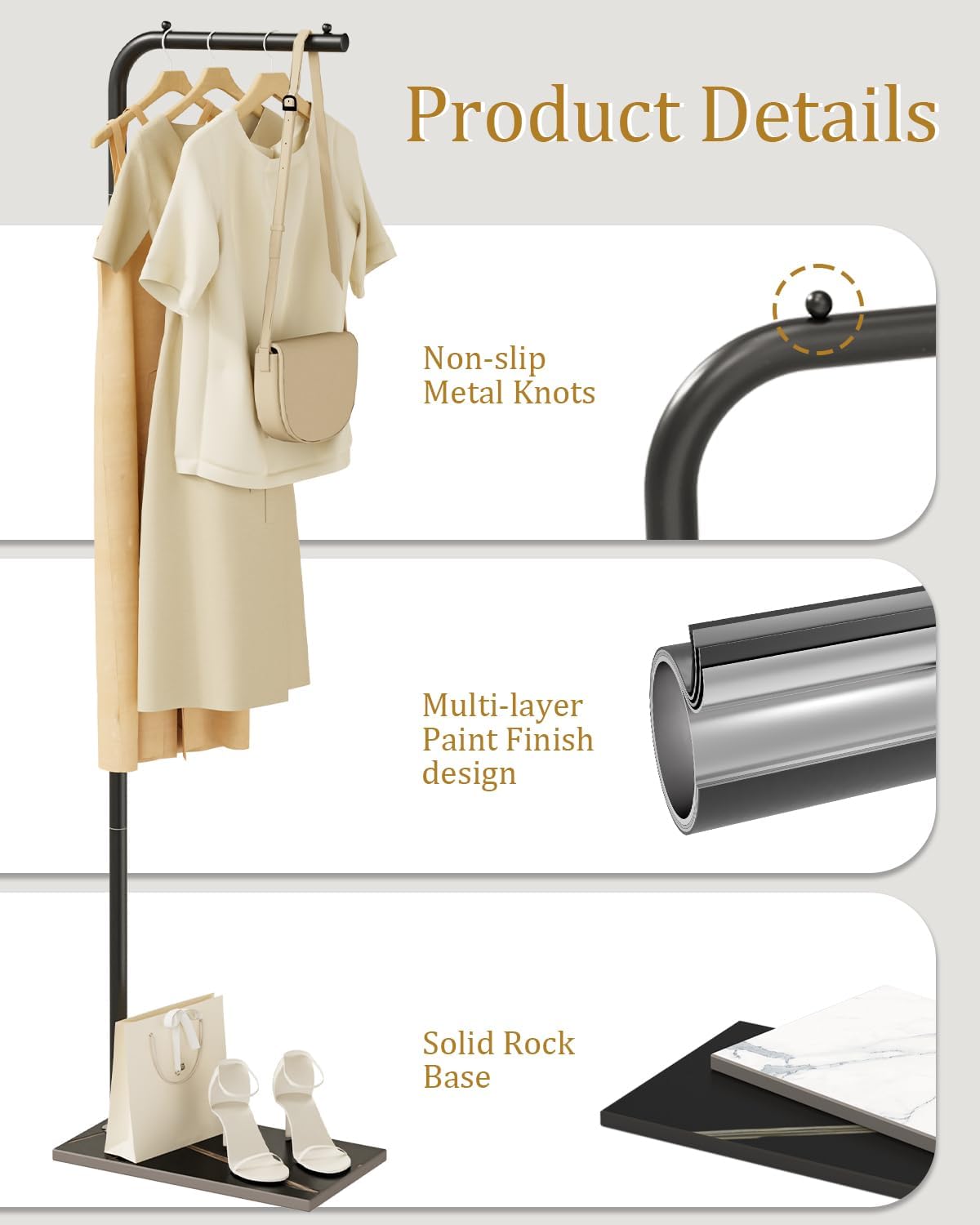 Metal Coat Rack, Stable Clothes Rack with Rock Base, Suitable For Bedroom, Hallway, Entrance, Office, For Hats, Coats, Scarves, 70.8 Inches High, Black
