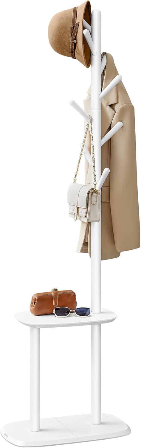 VASAGLE Coat Rack, Free Standing Coat Stand, Hall Coat Tree with 8 Hooks and Storage Shelf, 67.2 Inch Tall, for Coats, Hats, Bags, for Entryway, Hallway, Bedroom, Natural Beige URCR040N02