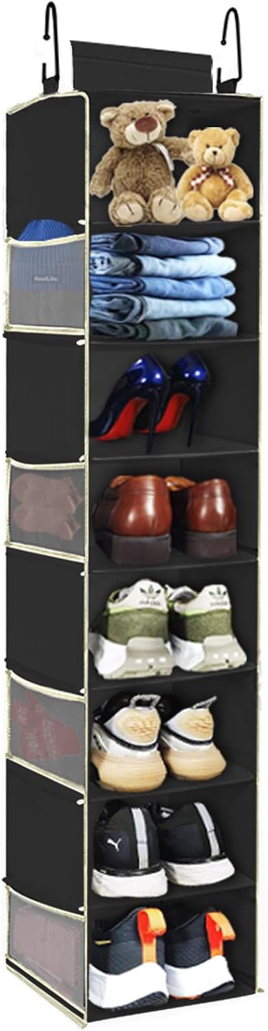 2 Pack Large-Sized Hanging Shoe Organizer 8-Shelf, Hanging Closet Organizer with 8 Side Pockets, Wider Hanging Shelves for Storage Shoes Clothes 9" W × 11.8" D× 48" H, Beige.
