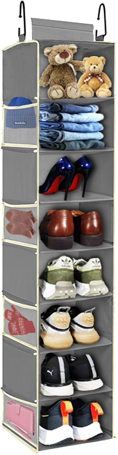 2 Pack Large-Sized Hanging Shoe Organizer 8-Shelf, Hanging Closet Organizer with 8 Side Pockets, Wider Hanging Shelves for Storage Shoes Clothes 9" W × 11.8" D× 48" H, Beige.