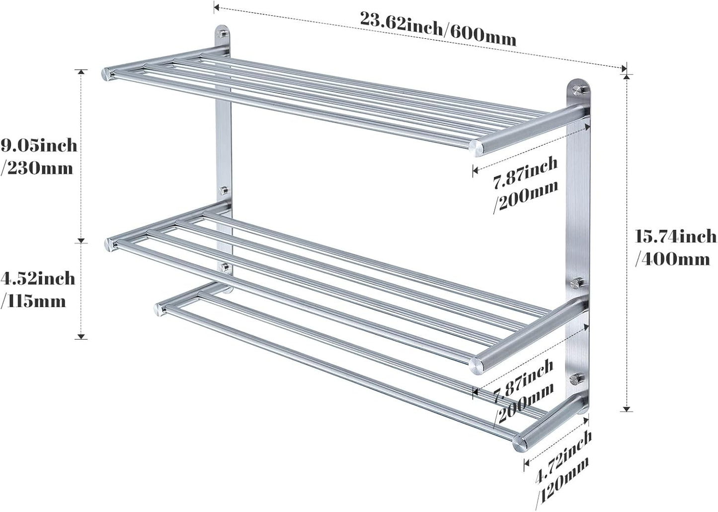 Bathroom Towel Rack with 24-Inch Multilayer Hotel Racks 304 Stainless Steel Towel Bar Shelf Wall-Mounted Brushed Finish Bar withTowel Shelves,3-Tier Bar Mounted