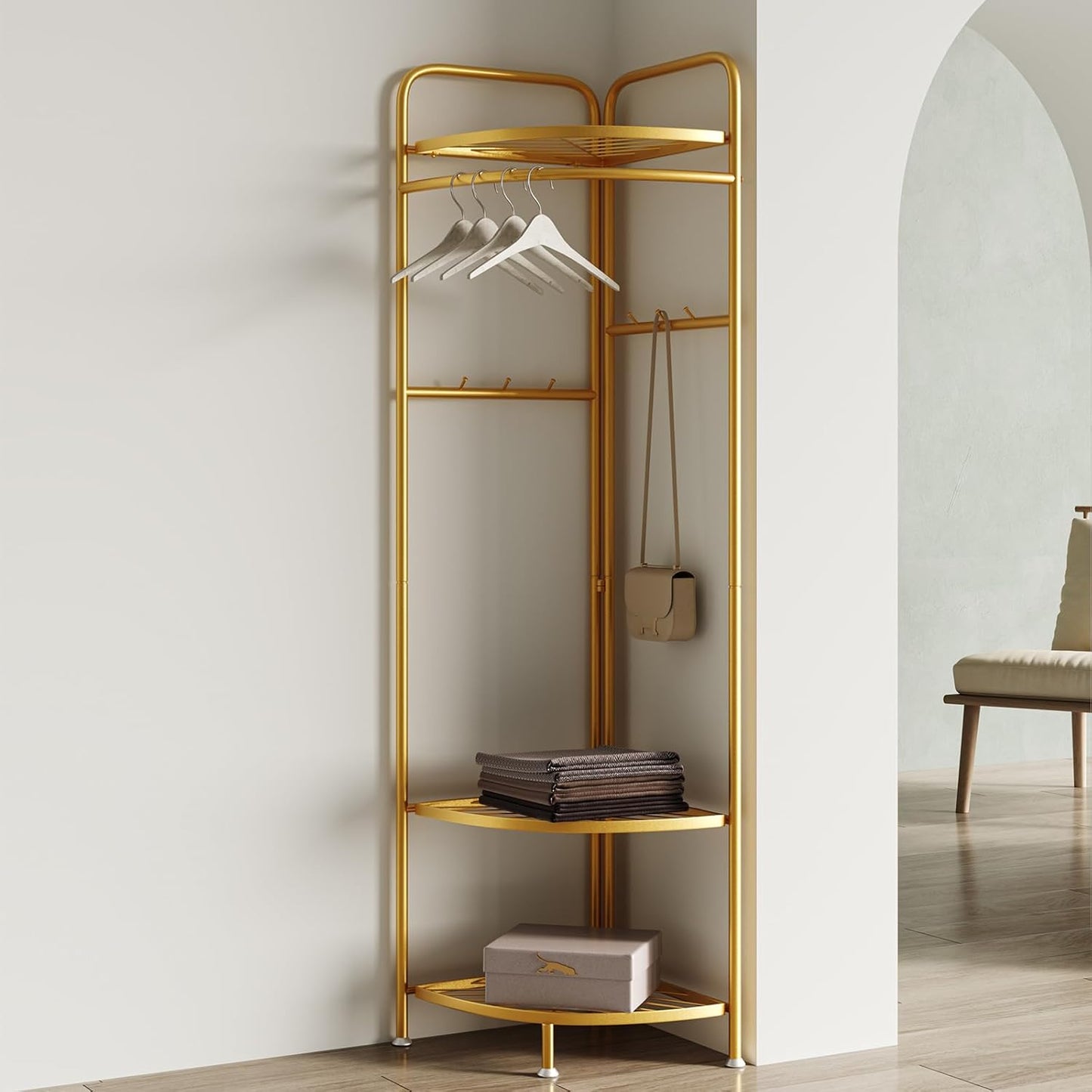 corner coat rack,corner hall tree with 6 hooks and storage shelf,gold clothing rack,Freestanding garment rack,metal corner clothes rack for Hallway, Entryway, Bedroom