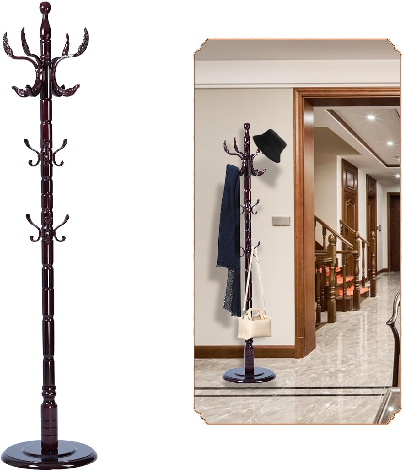 Coat Rack Freestanding, Wooden Tree Coat Rack Stand with 2 Adjustable Sizes Coat Tree and 11 Hooks, Sturdy Hall Tree with Tri-Legged Base for Entryway, Hallway, Bedroom (Walnut-Tri-Legged Base)