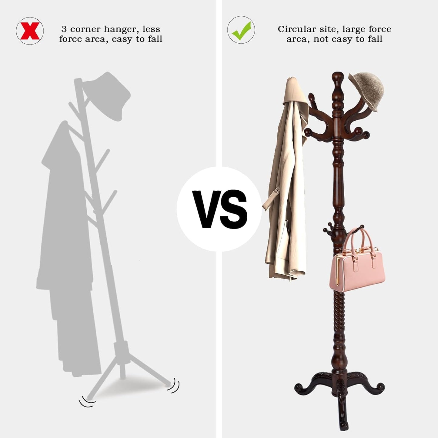 Coat Rack Freestanding, Wooden Tree Coat Rack Stand with 2 Adjustable Sizes Coat Tree and 11 Hooks, Sturdy Hall Tree with Tri-Legged Base for Entryway, Hallway, Bedroom (Walnut-Tri-Legged Base)