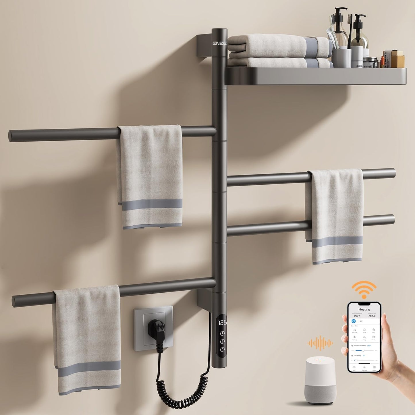 ENZE Smart Rotating Heated Towel Rack for Bathroom, 5-Bar Wall-Mounted Electric Towel Warmer with Swivel Bars, Wi-Fi App Control, 24H Timer, Stainless Steel, IPX5, Hardwired/Plug-in, Gray