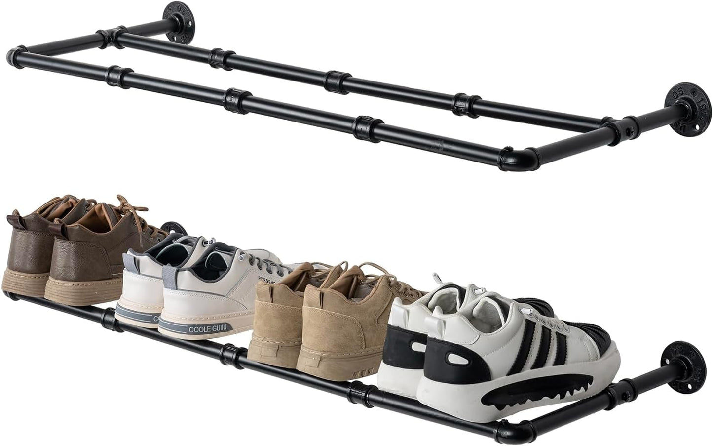 MyGift Set of 4 Industrial Matte Black Metal Pipe Hanging Shoe and Boot Rack Organizer Shelf, Wall Mounted Space Saving Footwear Storage Shelves for Closet, Mudroom, Entryway, Holds 12 Pairs