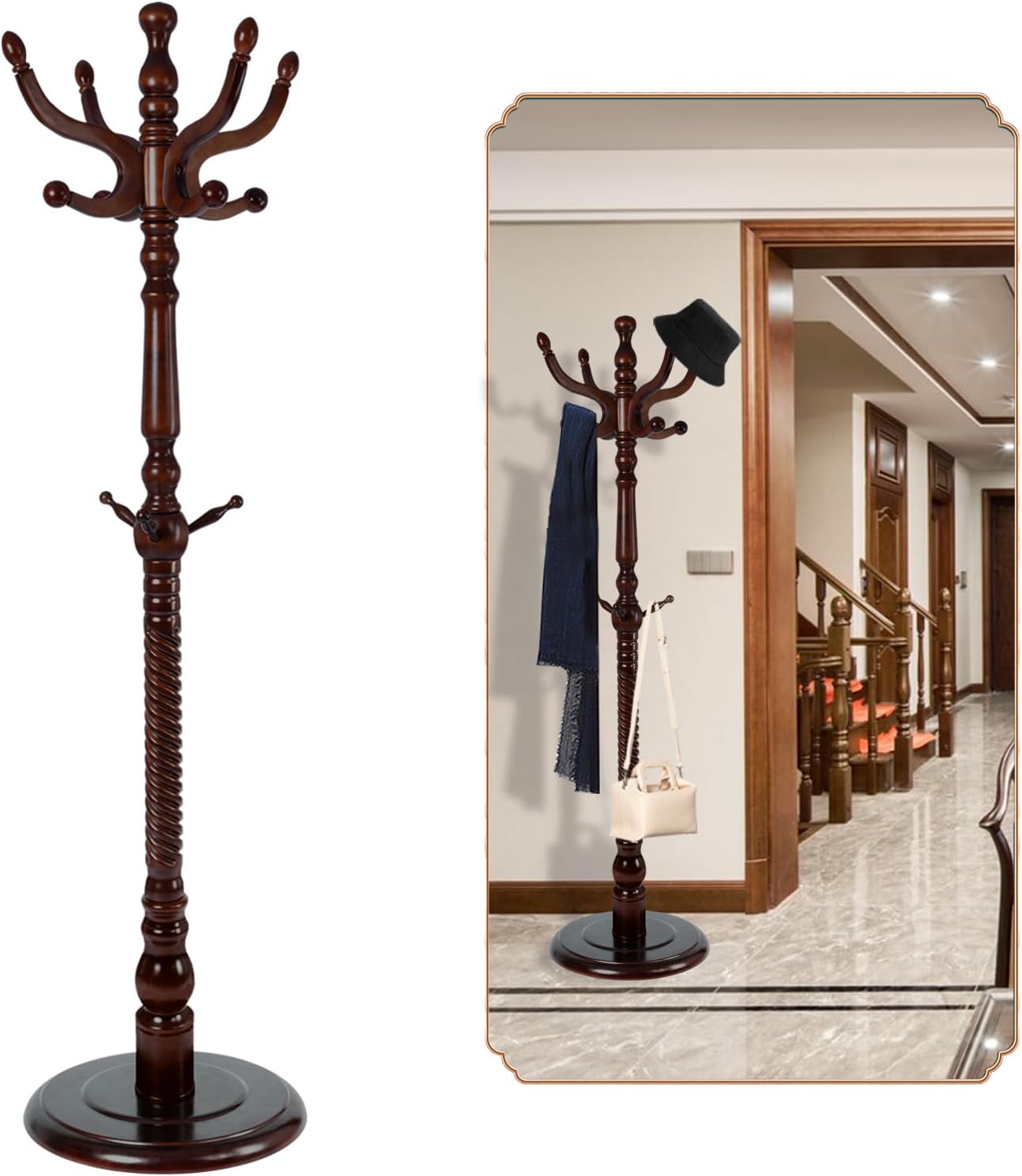 Coat Rack Freestanding, Wooden Tree Coat Rack Stand with 2 Adjustable Sizes Coat Tree and 11 Hooks, Sturdy Hall Tree with Tri-Legged Base for Entryway, Hallway, Bedroom (Walnut-Tri-Legged Base)