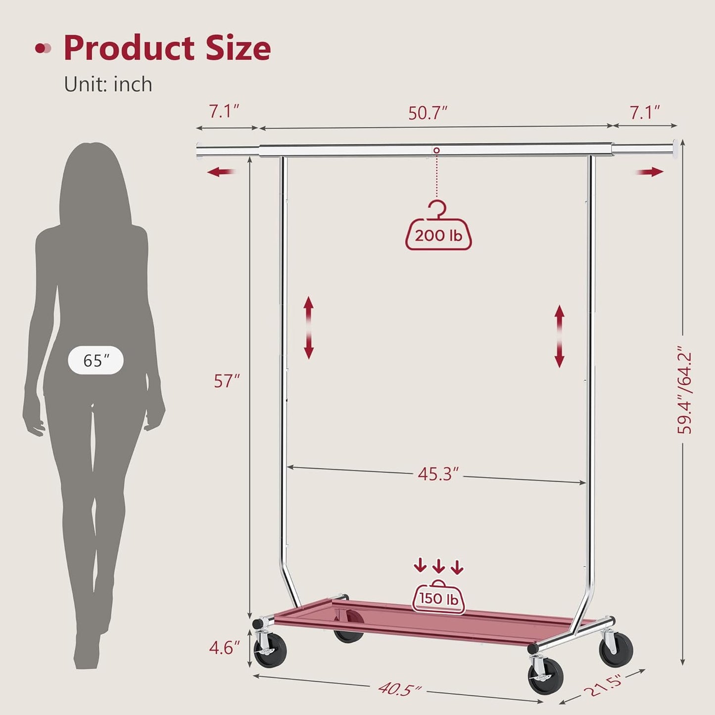 Tajsoon Clothes Rack Heavy Duty Clothing Rack Load 350 LBS, Rolling Garment Rack with Wheels and Extendable Rod, Collapsible Clothing Rack for Hanging Clothes with Bottom Shelf, Chrome