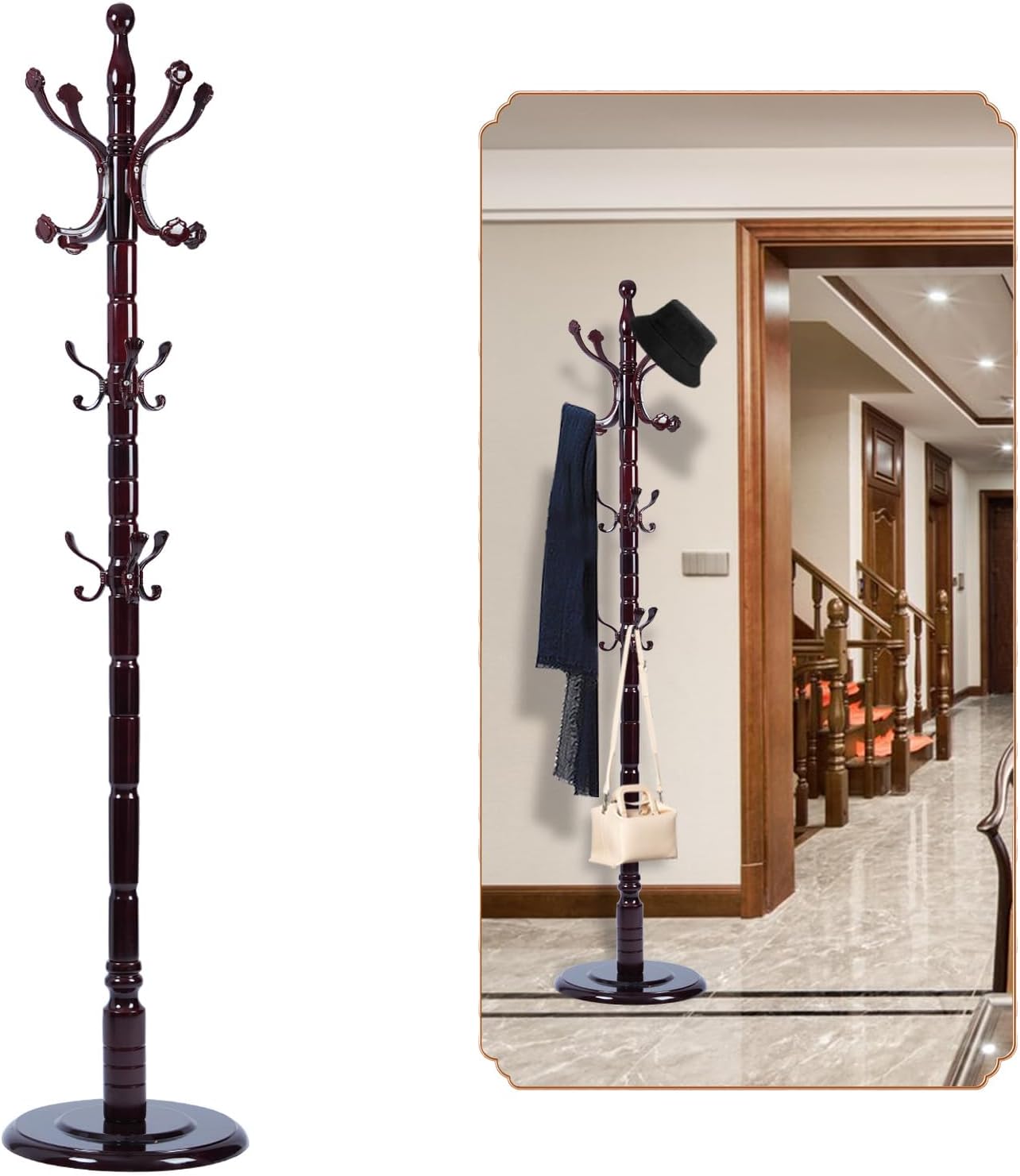 Coat Rack Freestanding, Wooden Tree Coat Rack Stand with 2 Adjustable Sizes Coat Tree and 11 Hooks, Sturdy Hall Tree with Tri-Legged Base for Entryway, Hallway, Bedroom (Walnut-Tri-Legged Base)