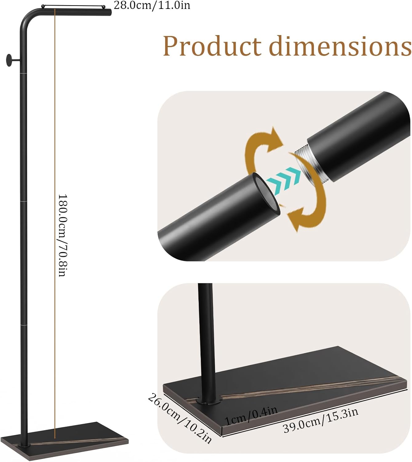 OUTBROS Coat Rack, Portable L-shaped Clothes Rack with Hook, Modern Hanger, Sturdy Freestanding Metal Clothing Rack, Used in Bedroom, Entrance and Living Room, 15.3 x 10.2 x 70.8 inch, Black