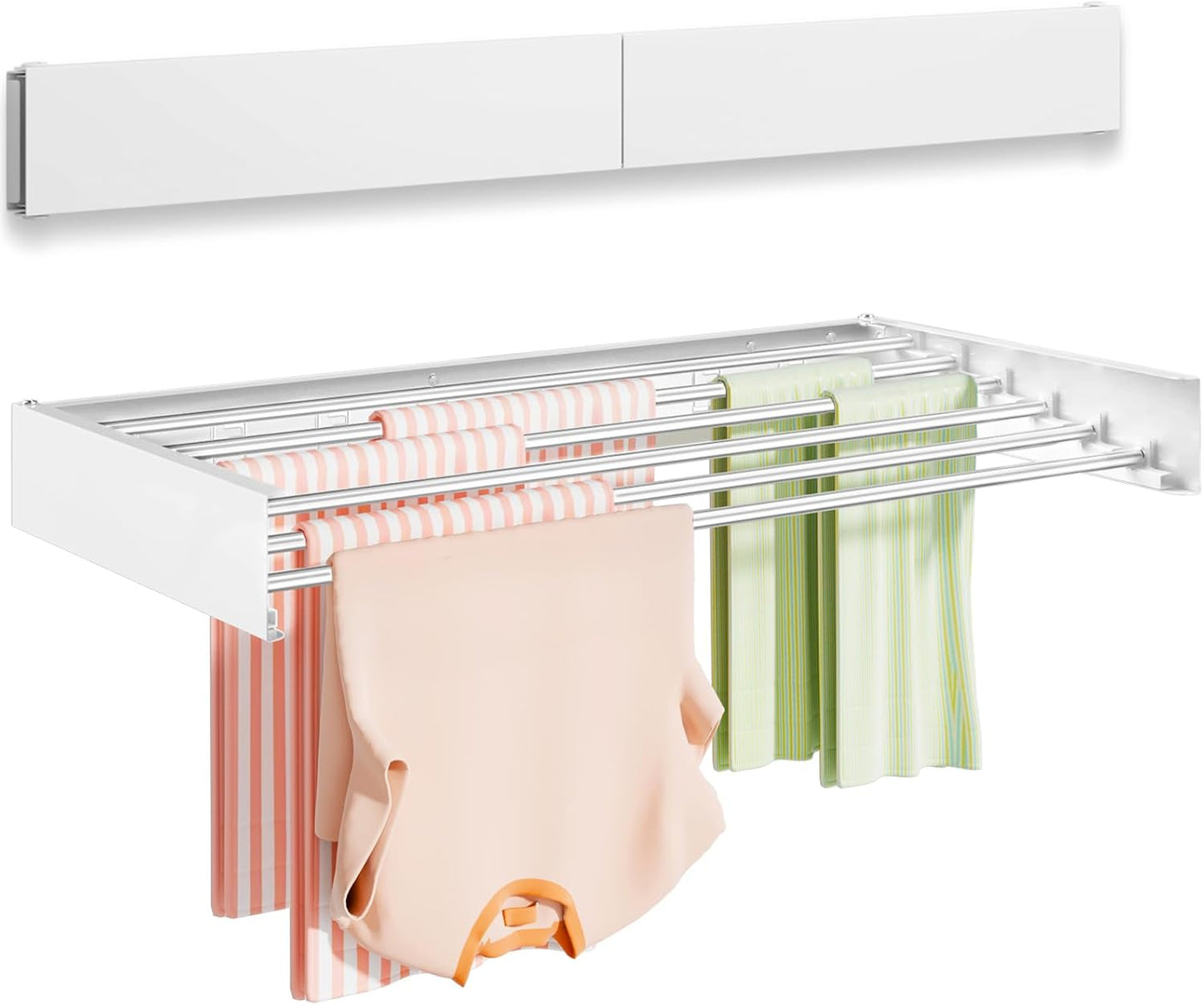 Wall Mounted Clothes Drying Rack 32", Foldable Wall Mount Laundry Rack Folding Indoor, Drying Rack Clothing Collapsible, Hidden Space Saver with Wall Template, 5 Rods, White