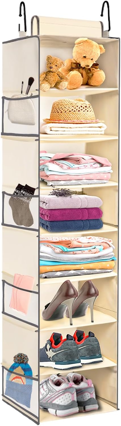 2 Pack Large-Sized Hanging Shoe Organizer 8-Shelf, Hanging Closet Organizer with 8 Side Pockets, Wider Hanging Shelves for Storage Shoes Clothes 9" W × 11.8" D× 48" H, Beige.