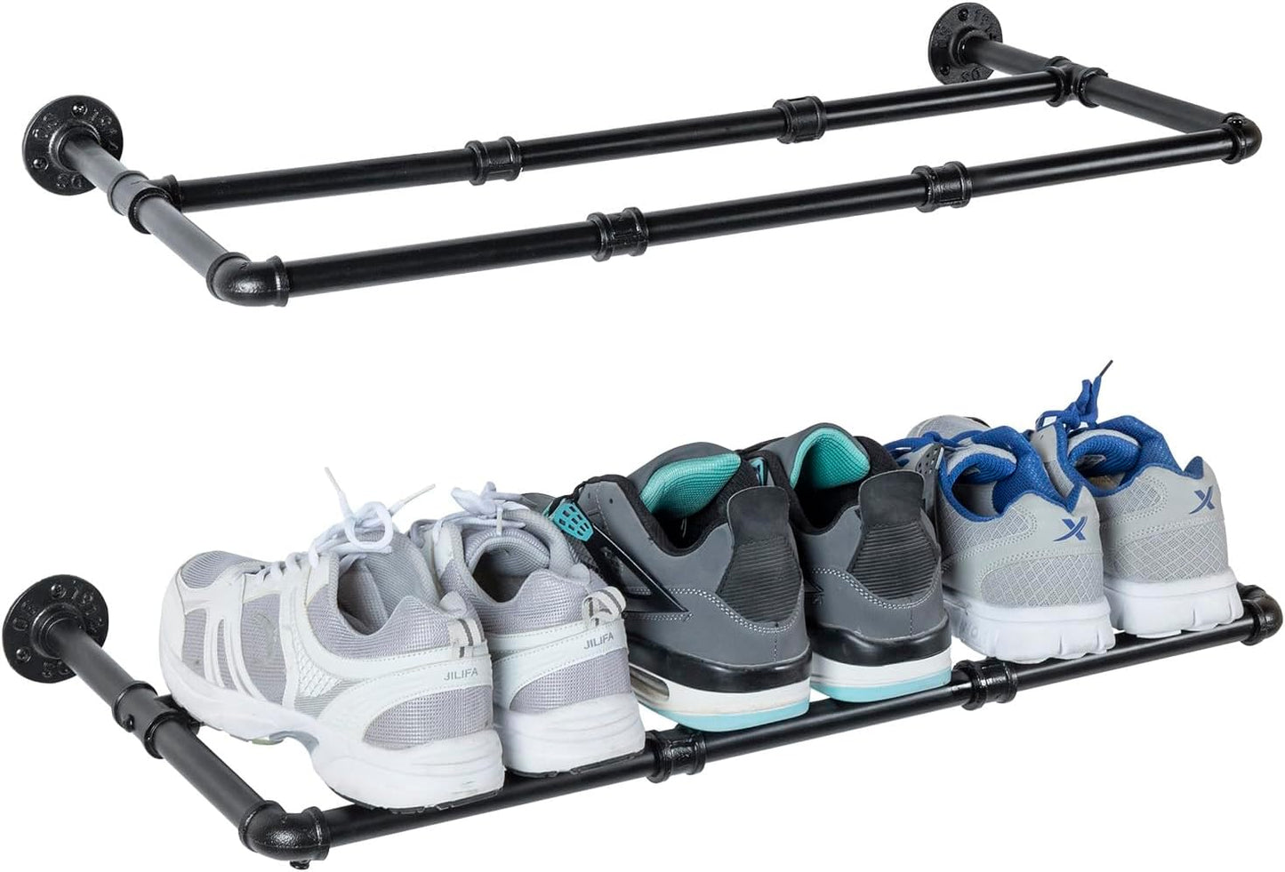 MyGift Set of 4 Industrial Matte Black Metal Pipe Hanging Shoe and Boot Rack Organizer Shelf, Wall Mounted Space Saving Footwear Storage Shelves for Closet, Mudroom, Entryway, Holds 12 Pairs