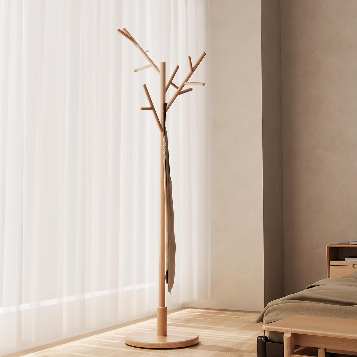 Coat Rack,Solid Wood Coat Rack Freestanding with 12 Hooks,Coat tree freestanding 3 Adjustable Heights for coat, Hats, Handbags,Coat Stand for Entryway,Bedroom (Walnut)