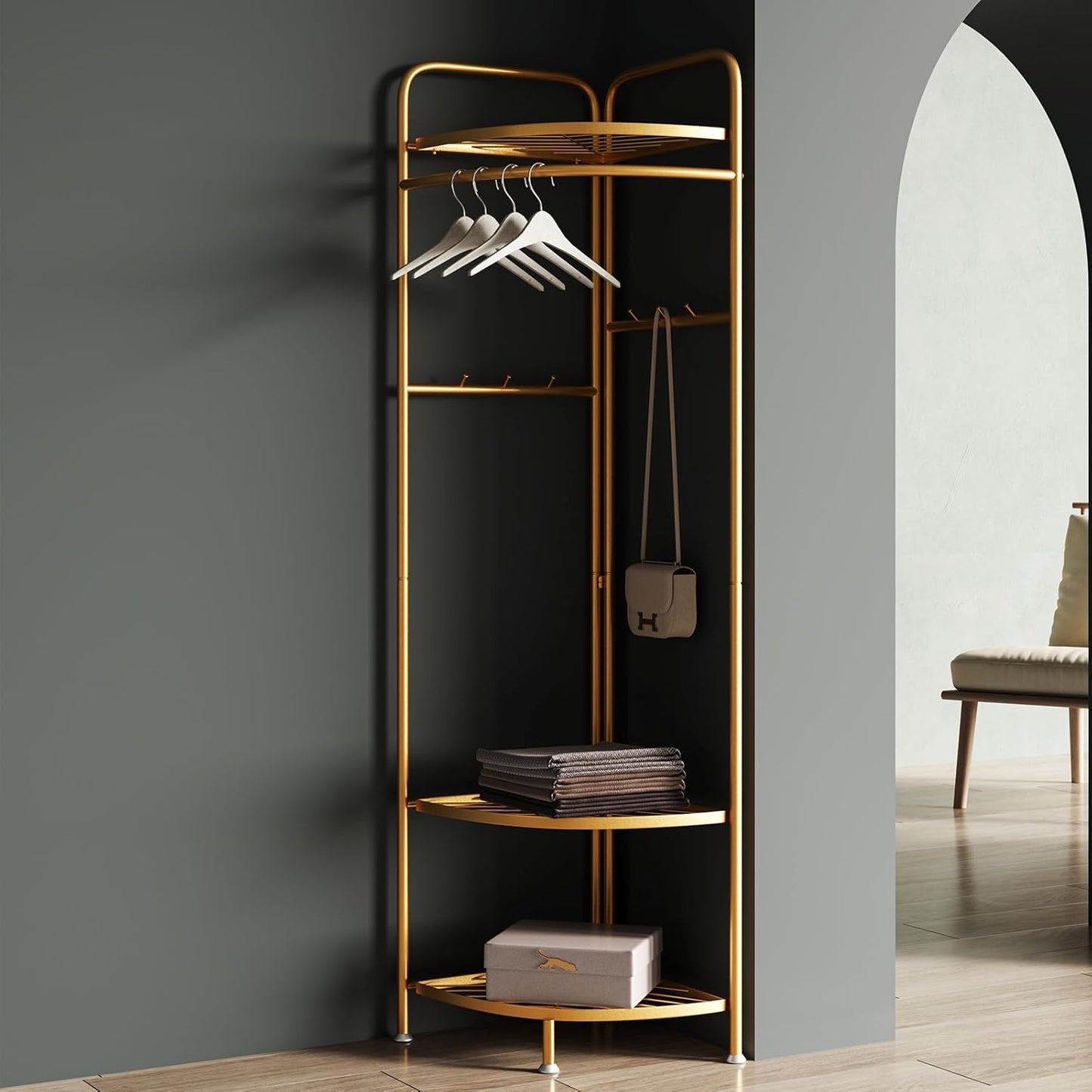 corner coat rack,corner hall tree with 6 hooks and storage shelf,gold clothing rack,Freestanding garment rack,metal corner clothes rack for Hallway, Entryway, Bedroom