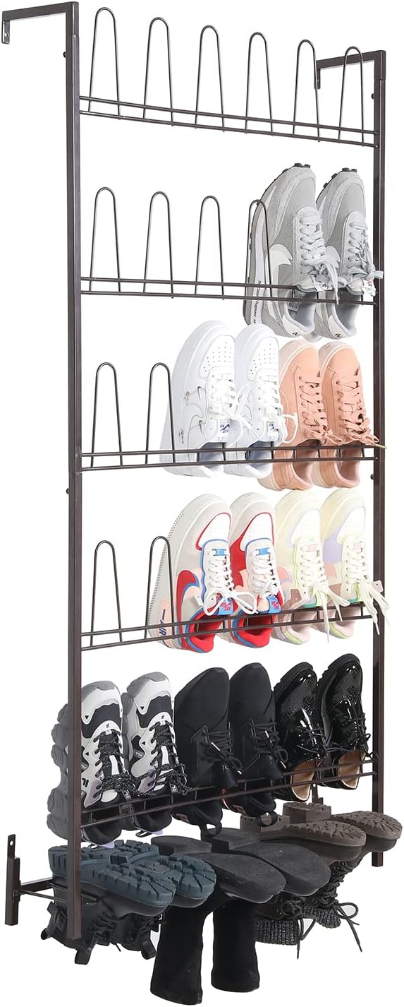 MyGift Premium Silver Metal Hanging Wall Shoe Rack for Walk in Closet, Mudroom and Entryway, Wall Mounted Space Saving Boot and Shoe Rack Organizer, Holds 9 Pairs