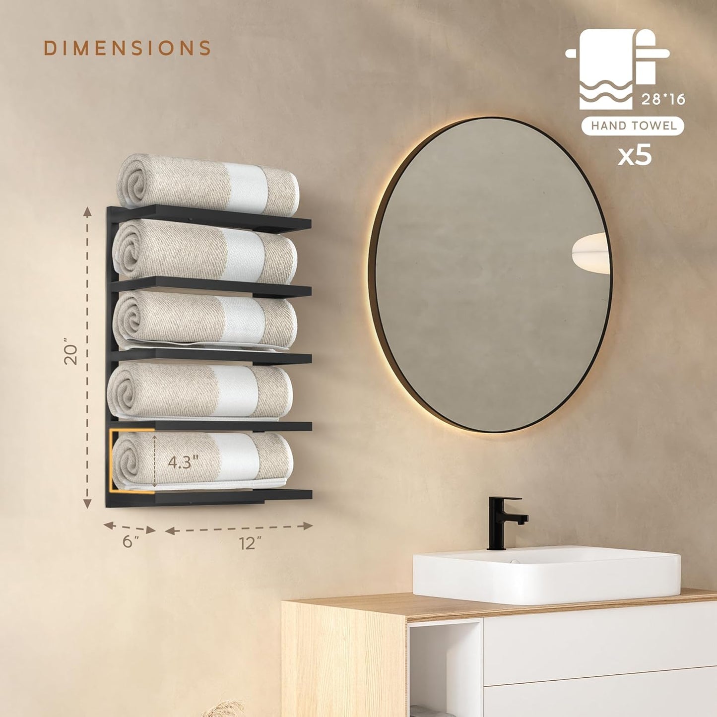 Modern 5-Tier/6-Tier Towel Rack - Wall-Mounted Black Metal Towel Shelf for Bathroom, Space-Saving Storage for Towels, Organizers, and Home Decor (5-Tier)
