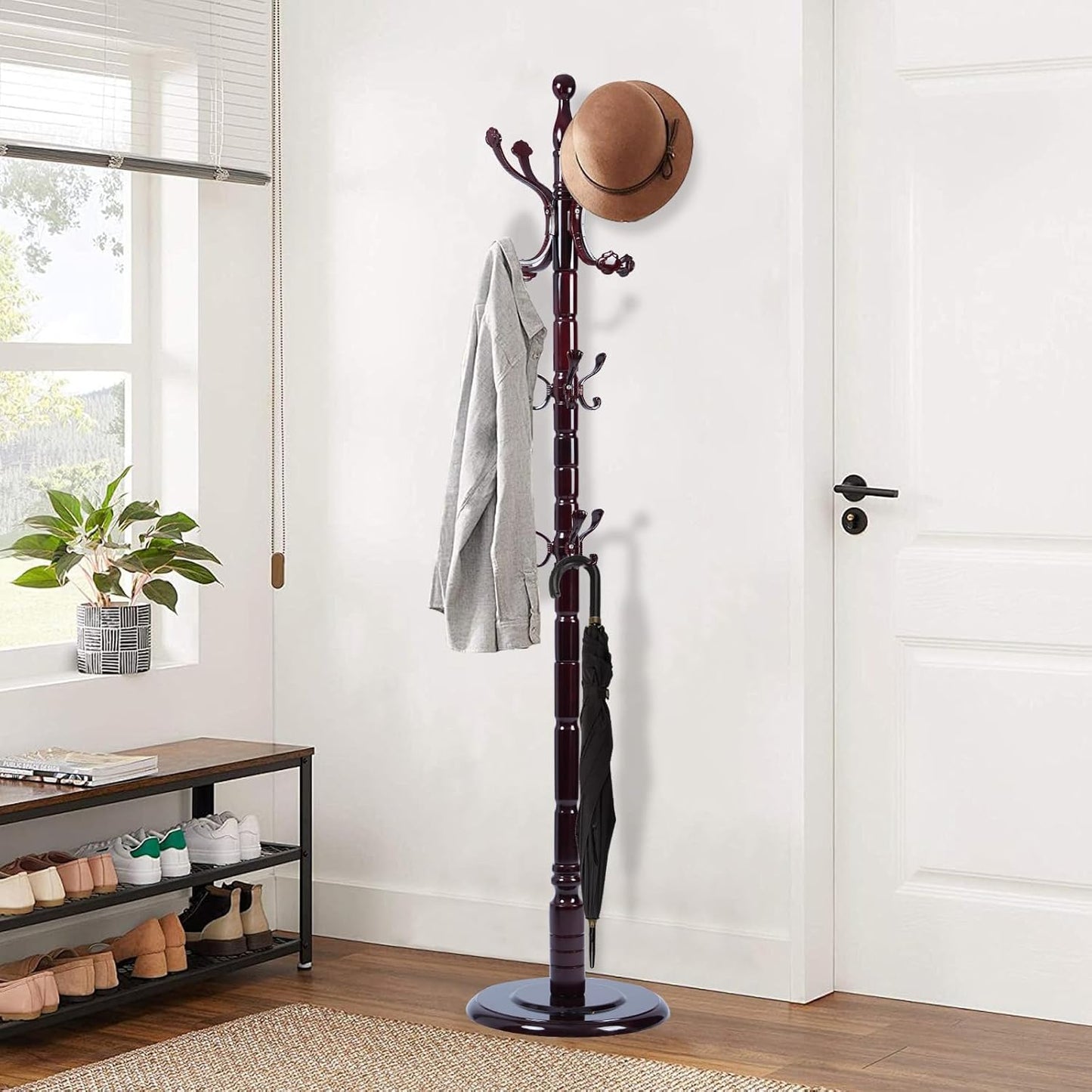 Wooden Coat Rack Freestanding, Vintage Coat Racks with Sturdy Round Base, Adjustable Height 37.40"-72.83" Entrance Coat Rack for Bedroom Living Room Entryway (Solid wood Rosewood)