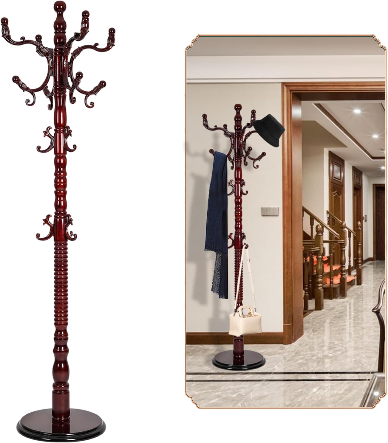 Coat Rack Freestanding, Wooden Tree Coat Rack Stand with 2 Adjustable Sizes Coat Tree and 11 Hooks, Sturdy Hall Tree with Tri-Legged Base for Entryway, Hallway, Bedroom (Walnut-Tri-Legged Base)