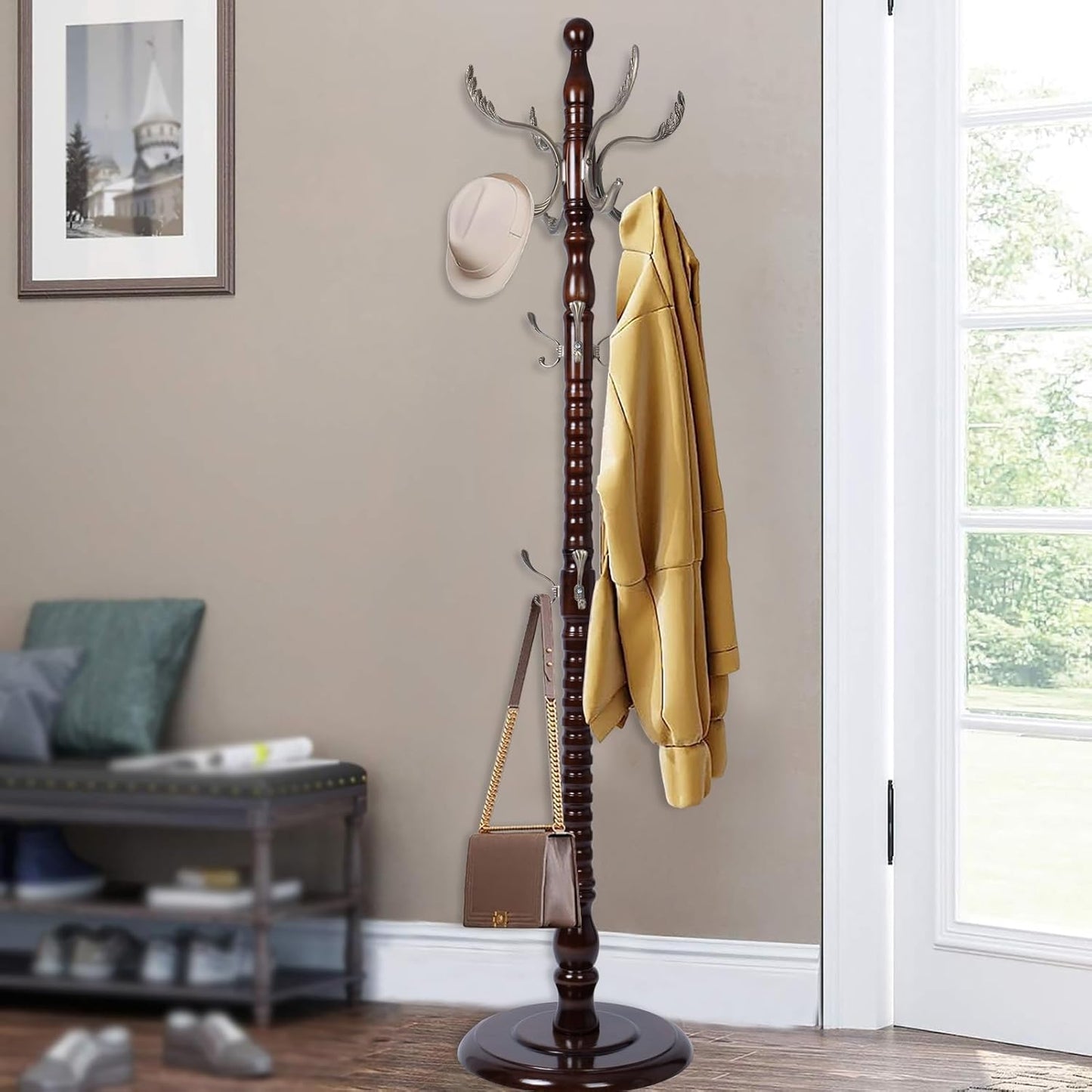 73" Wooden Coat Rack Stand,Coat Racks Freestanding With 14 Hooks And Solid Round Base Heavy Duty Adjustable Height Hall Tree Coat Rack for Entryway Hallway Foyer Office Bedroomf (Red sandalwood)