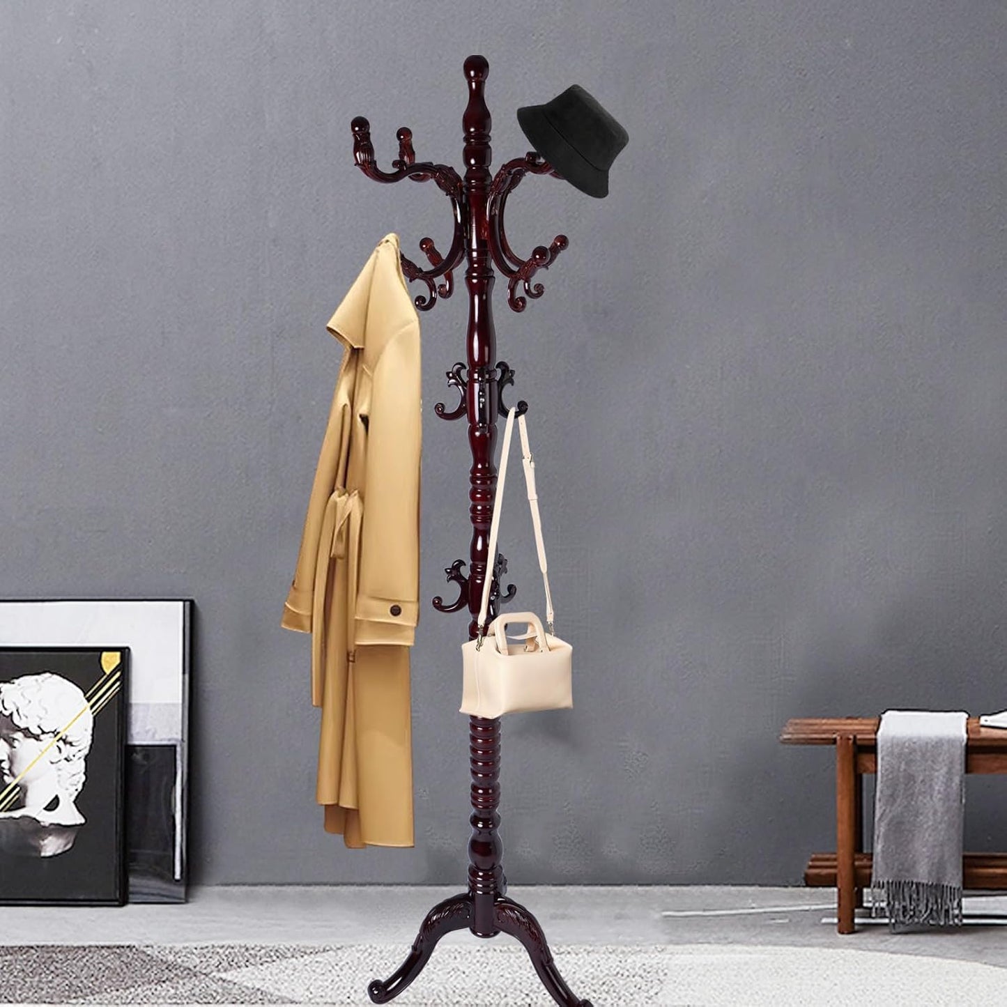 Coat Racks Free Standing with 14 Hooks, Natural Wood Coat Rack with Solid Round Base, Adjustable Height Coat Racks, Easy Assembly for Hallway, Bedroom and Office (Reddish brown)