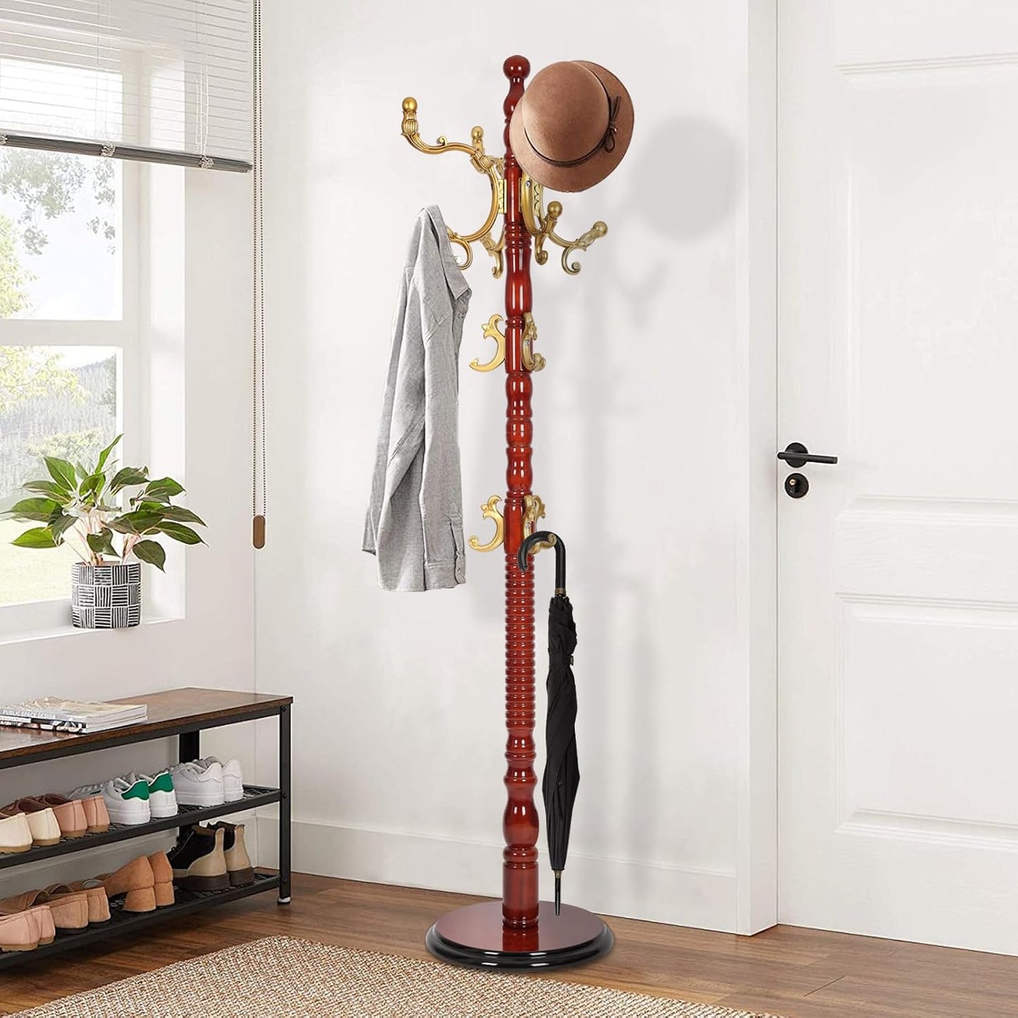 Wooden Coat Rack Freestanding, Vintage Coat Racks with Sturdy Round Base, Adjustable Height 37.40"-72.83" Entrance Coat Rack for Bedroom Living Room Entryway (Solid wood Rosewood)