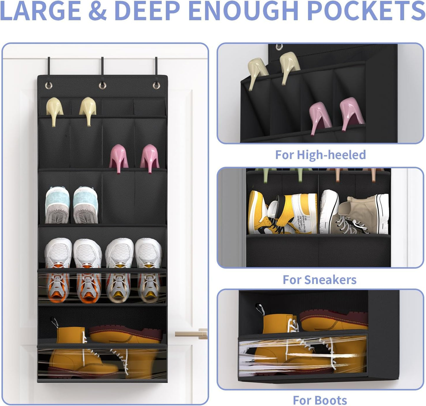 FENTEC 2 Pack Over the Door Shoe Organizer, Hanging Shoe Organizers with Large Pockets Shoe Holder Hanging Shoe Rack for Closet Shoe Organizer for Wall, Over Door Organizer with 30 Pockets, Black