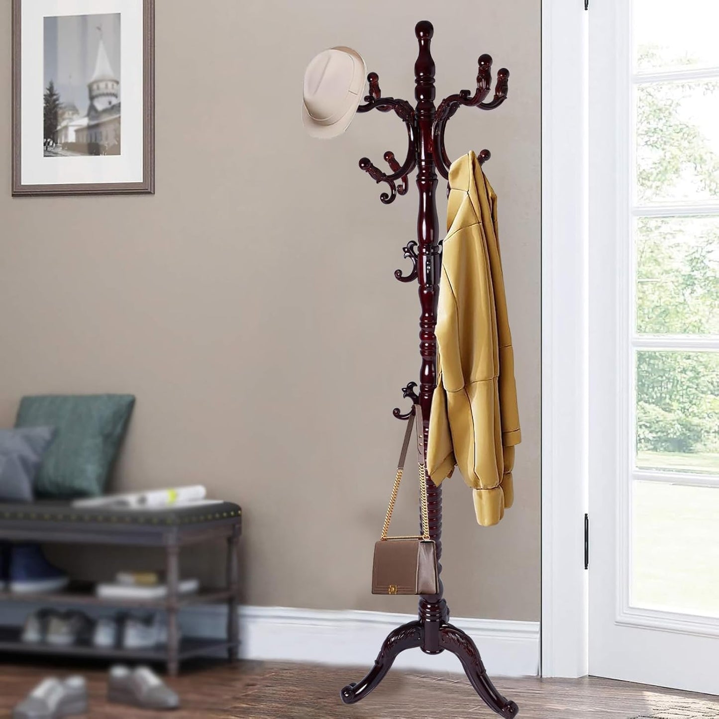 73" Wooden Coat Rack Stand,Coat Racks Freestanding With 14 Hooks And Solid Round Base Heavy Duty Adjustable Height Hall Tree Coat Rack for Entryway Hallway Foyer Office Bedroomf (Red sandalwood)