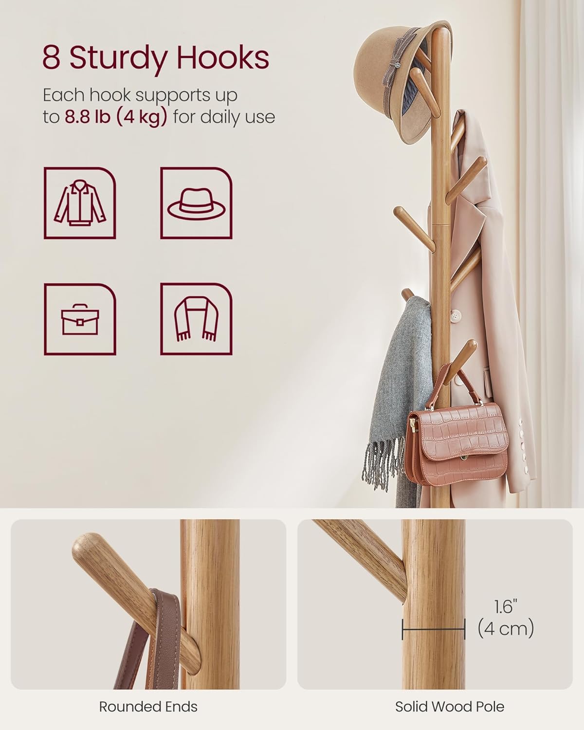VASAGLE Coat Rack, Free Standing Coat Stand, Hall Coat Tree with 8 Hooks and Storage Shelf, 67.2 Inch Tall, for Coats, Hats, Bags, for Entryway, Hallway, Bedroom, Natural Beige URCR040N02